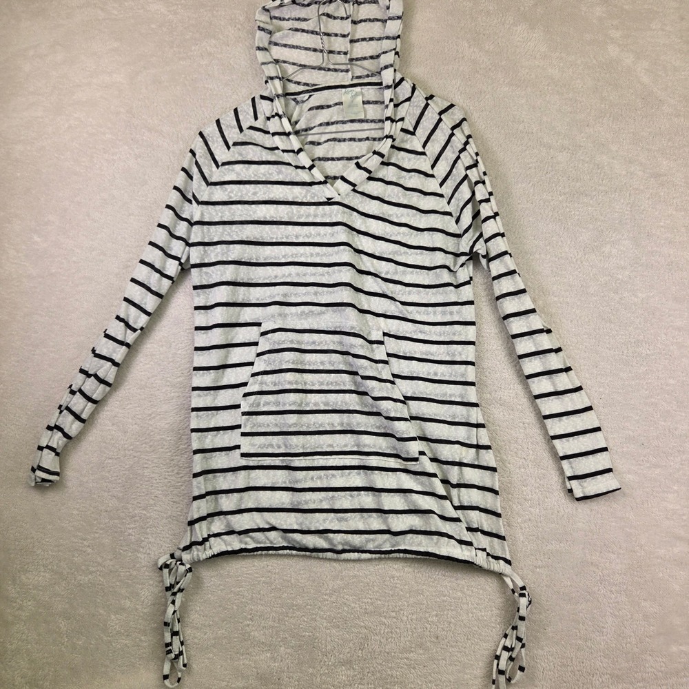 Kona Sol Womens Small Striped Hoodie Swim Cover Up Black White Long Sleeve 4310